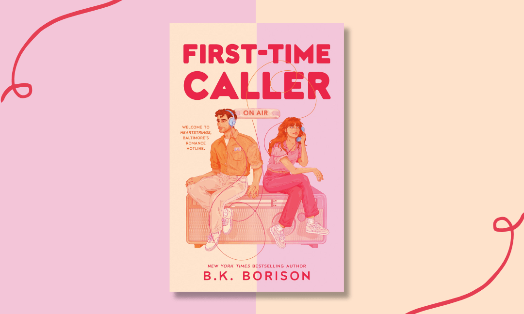 Book cover for First-Time Caller By B.K. Borison. Man sitting on top a radio listening with headphones in. Woman sitting next to him on the phone.